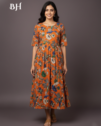 Kalamkari Design Frock – Orange Colour | Handloom Ethnic Wear with Half Lining