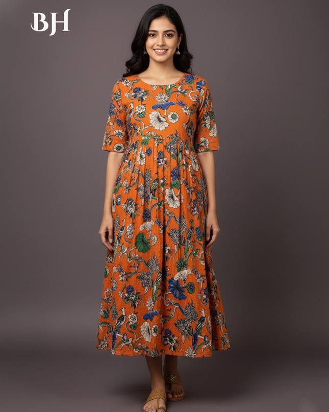 Kalamkari Design Frock – Orange Colour | Handloom Ethnic Wear with Half Lining