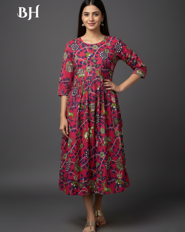 Kalamkari Design Frock – Red Colour | Handloom Ethnic Wear with Half Lining