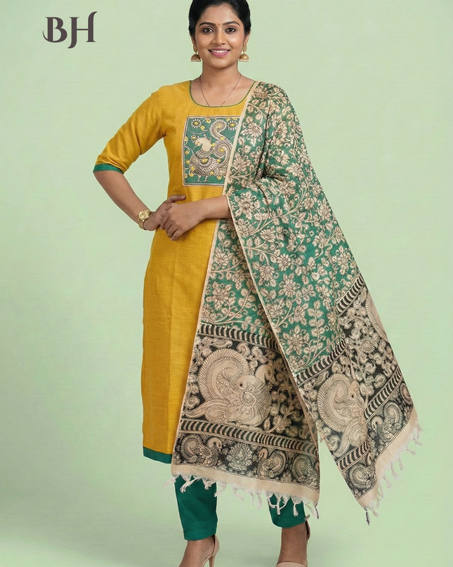 Readymade Kalamkari Design Cotton Kurti Set – Indian Yellow