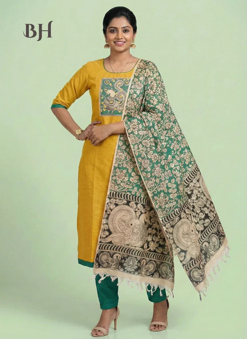 Readymade Kalamkari Design Cotton Kurti Set – Indian Yellow