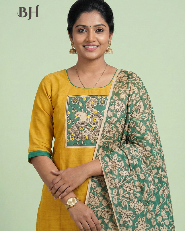 Readymade Kalamkari Design Cotton Kurti Set – Indian Yellow