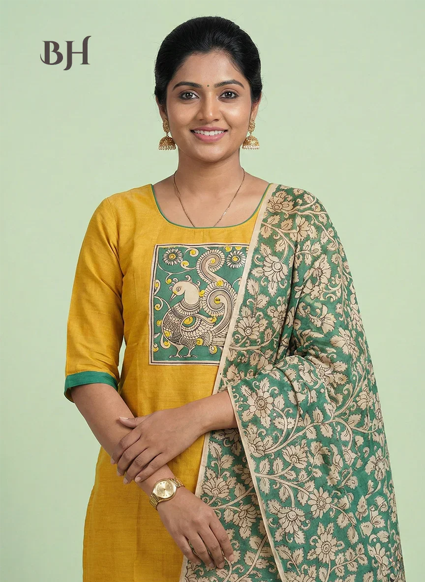 Readymade Kalamkari Design Cotton Kurti Set – Indian Yellow