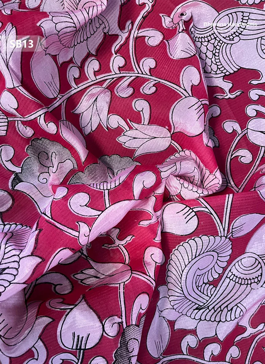 Red Pink Color Kalamkari Silk Dupatta for Women | Traditional Wear
