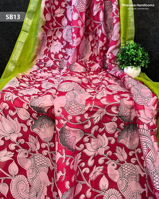 Red Pink Color Kalamkari Silk Dupatta for Women | Traditional Wear