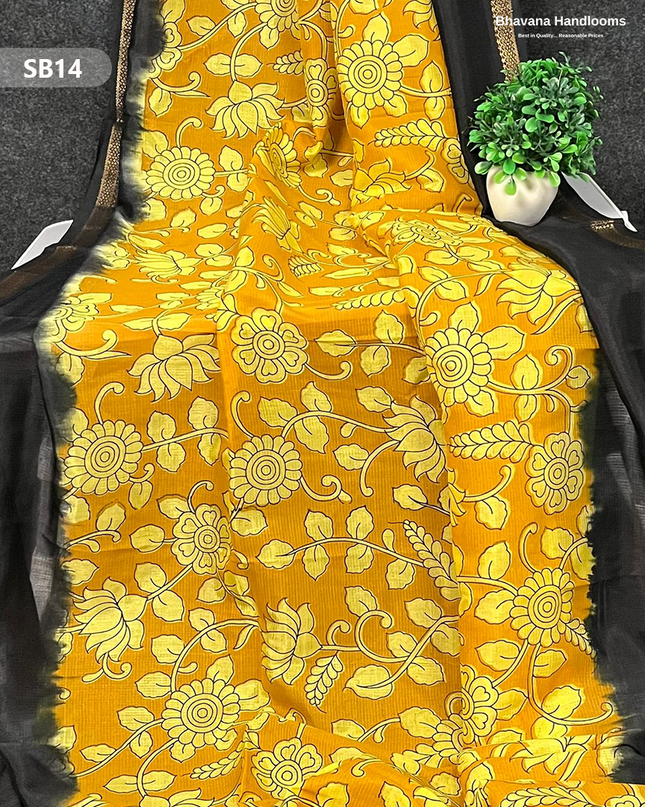 Yellow Color Kalamkari Silk Dupatta for Women | Traditional Wear