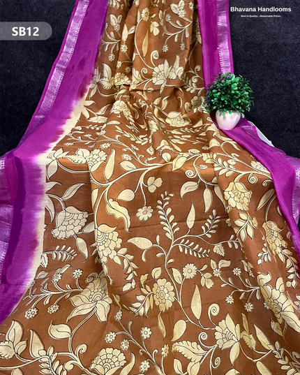 Dark Brown Color Kalamkari Silk Dupatta for Women | Traditional Wear