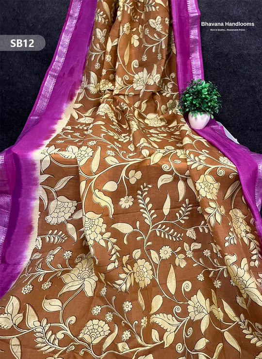 Dark Brown Color Kalamkari Silk Dupatta for Women | Traditional Wear