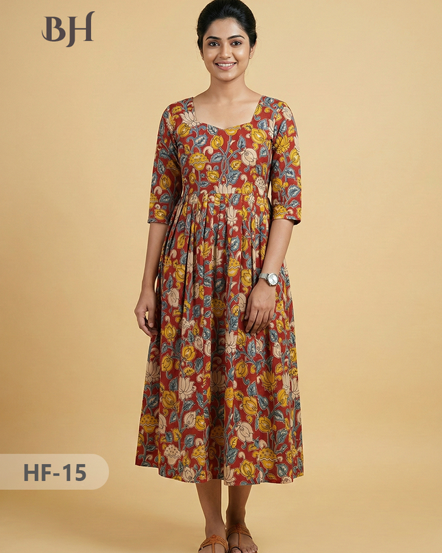 Kalamkari Design Frock – Red Colour | Handloom Ethnic Wear with Half Lining