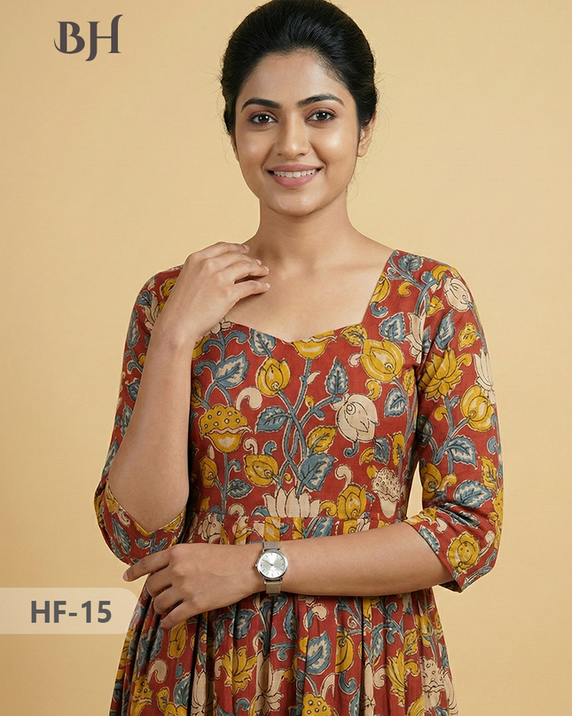 Kalamkari Design Frock – Red Colour | Handloom Ethnic Wear with Half Lining