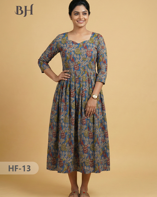 Kalamkari Design Frock – Sky Blue Colour | Handloom Ethnic Wear with Half Lining