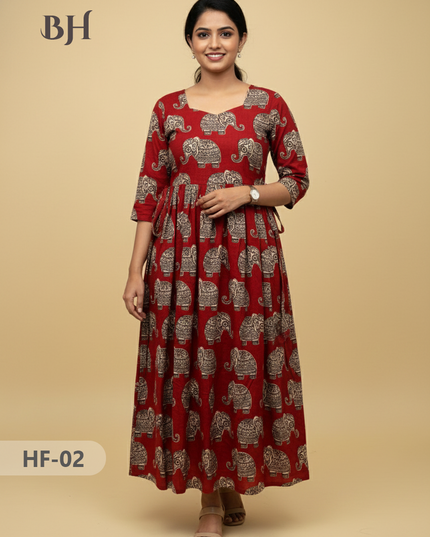Kalamkari Design Frock – Red Colour | Handloom Ethnic Wear with Half Lining
