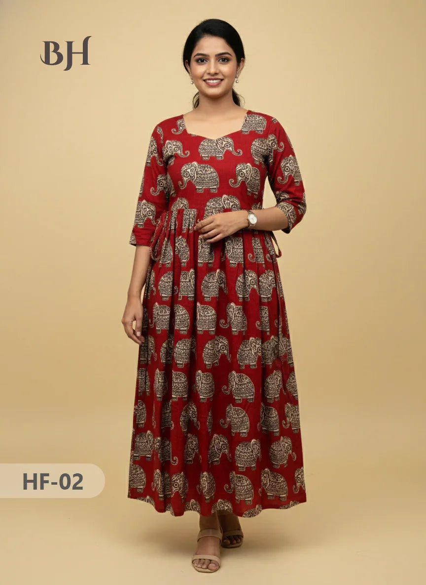 Kalamkari Design Frock – Red Colour | Handloom Ethnic Wear with Half Lining