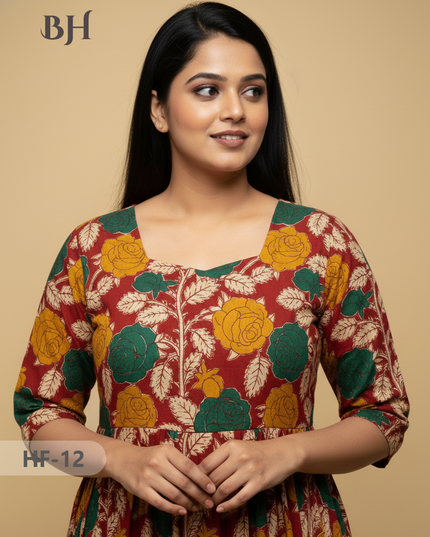 Kalamkari Design Frock – Red Colour | Handloom Ethnic Wear with Half Lining