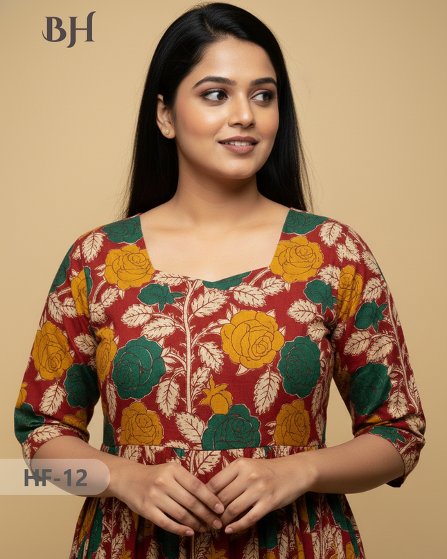 Kalamkari Design Frock – Red Colour | Handloom Ethnic Wear with Half Lining