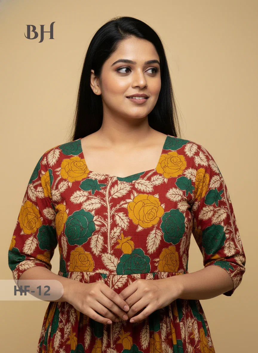 Kalamkari Design Frock – Red Colour | Handloom Ethnic Wear with Half Lining