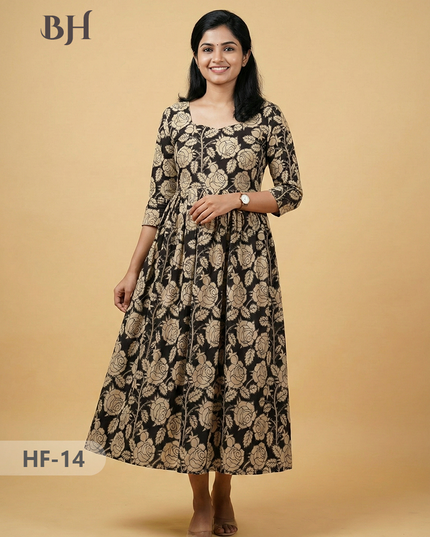 Kalamkari Design Frock – Black Colour | Handloom Ethnic Wear with Half Lining