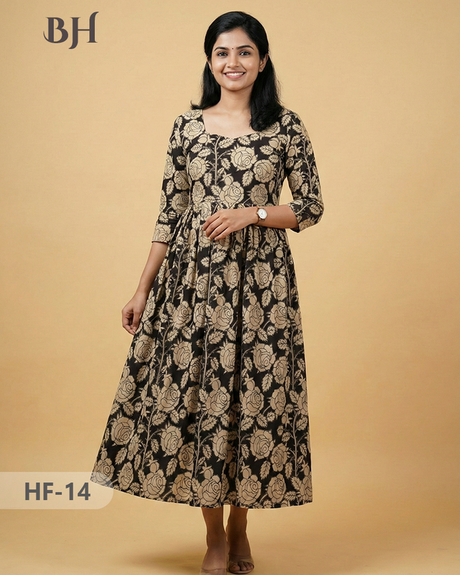 Kalamkari Design Frock – Black Colour | Handloom Ethnic Wear with Half Lining