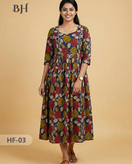 Kalamkari Design Frock – Blue Colour | Handloom Ethnic Wear with Half Lining