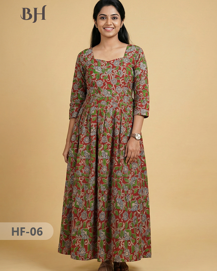 Kalamkari Design Frock – Red Colour | Handloom Ethnic Wear with Half Lining