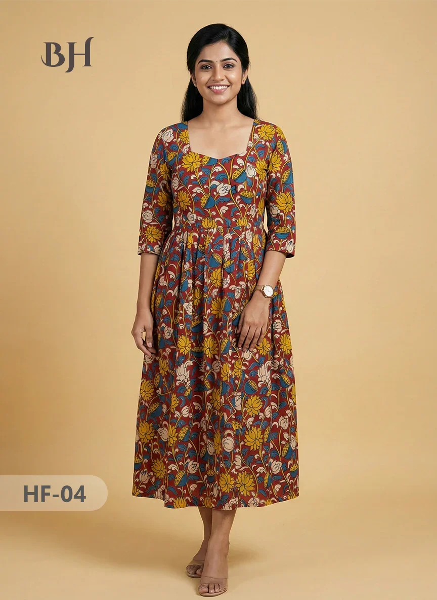 Kalamkari Design Frock – Red Colour | Handloom Ethnic Wear with Half Lining