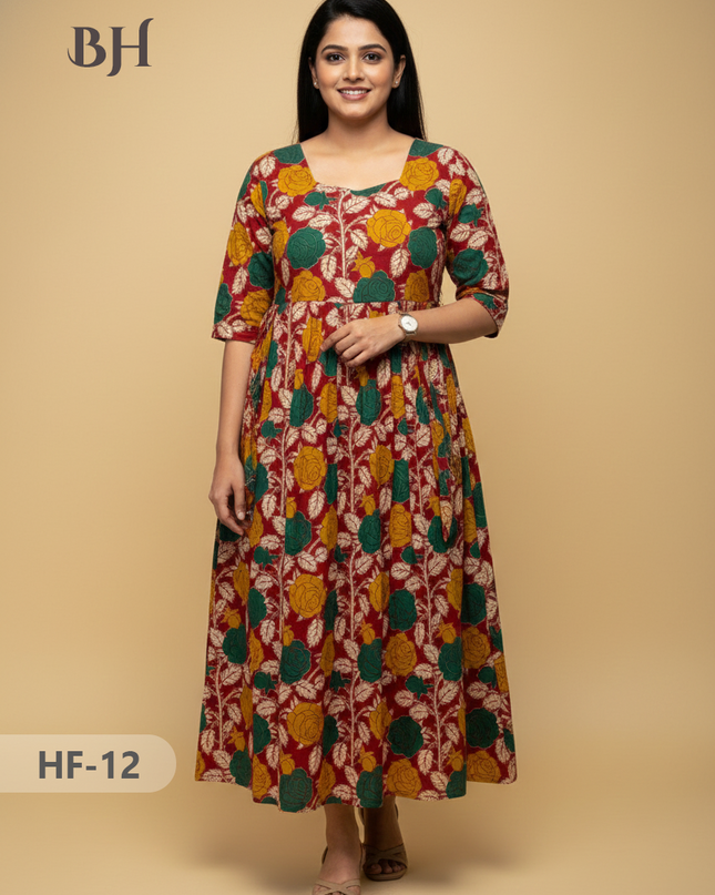 Kalamkari Design Frock – Red Colour | Handloom Ethnic Wear with Half Lining