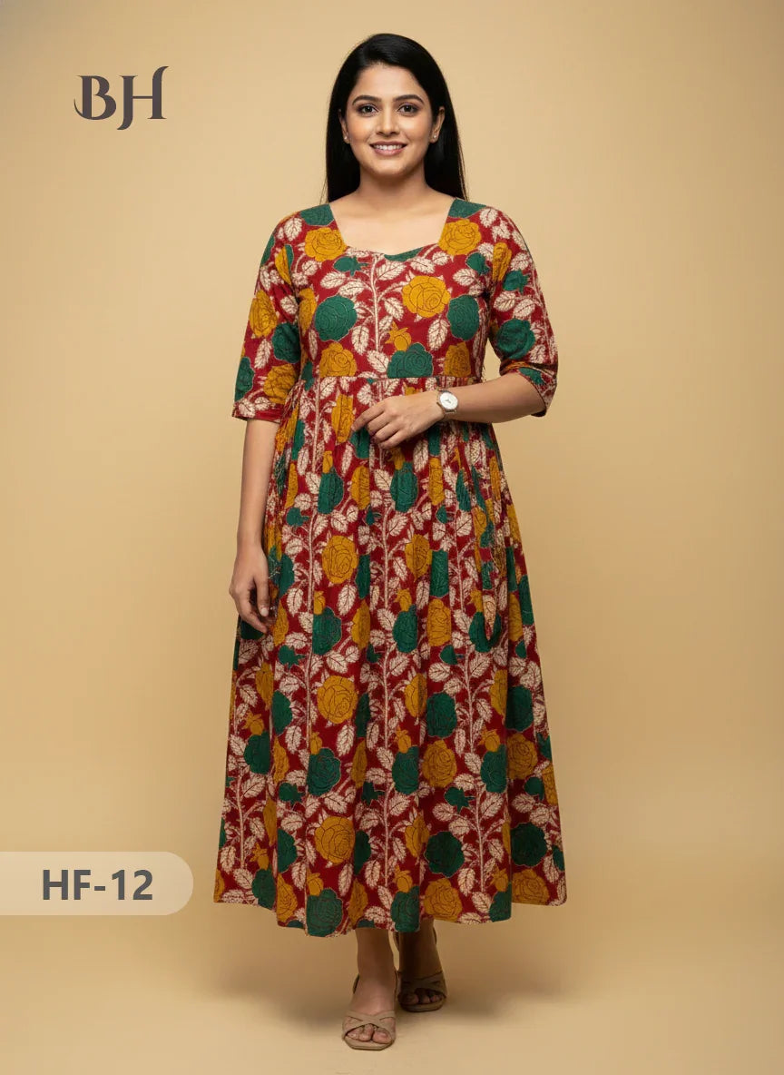Kalamkari Design Frock – Red Colour | Handloom Ethnic Wear with Half Lining
