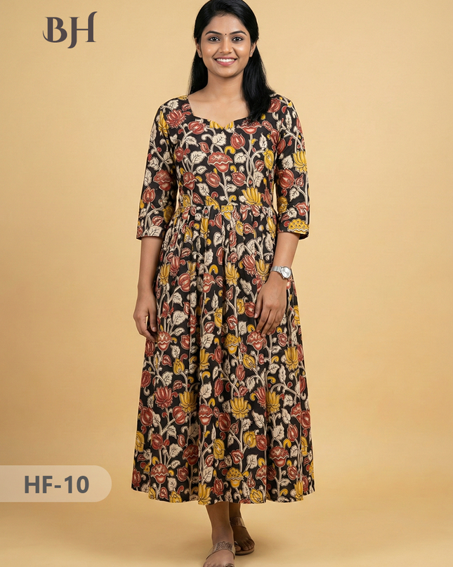 Kalamkari Design Frock – Black Colour | Handloom Ethnic Wear with Half Lining