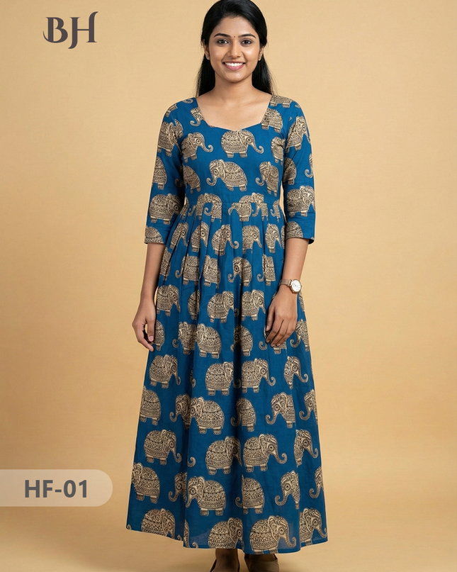 Kalamkari Design Frock – Blue Colour | Handloom Ethnic Wear with Half Lining
