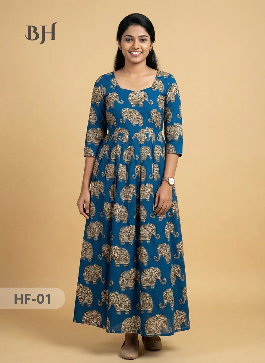 Kalamkari Design Frock – Blue Colour | Handloom Ethnic Wear with Half Lining