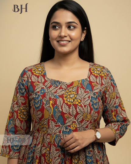 Kalamkari Design Frock – Red Colour | Handloom Ethnic Wear with Half Lining