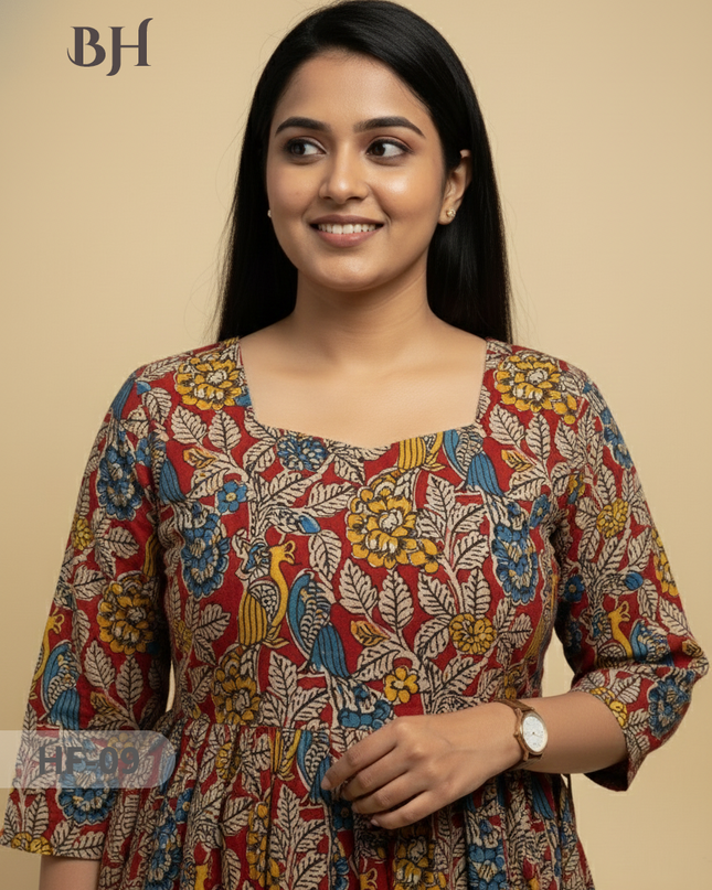 Kalamkari Design Frock – Red Colour | Handloom Ethnic Wear with Half Lining