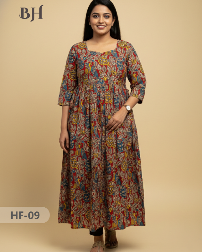 Kalamkari Design Frock – Red Colour | Handloom Ethnic Wear with Half Lining