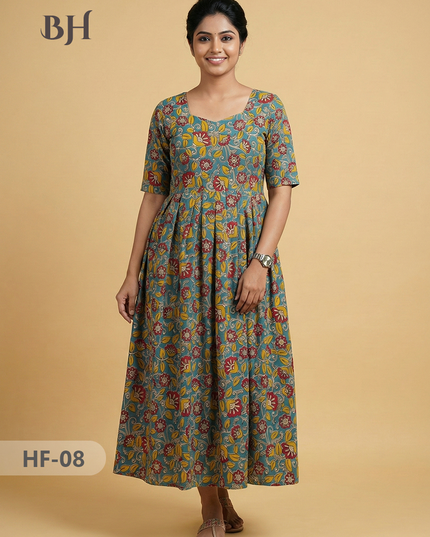 Kalamkari Design Frock – Blue Grey Colour | Handloom Ethnic Wear with Half Lining