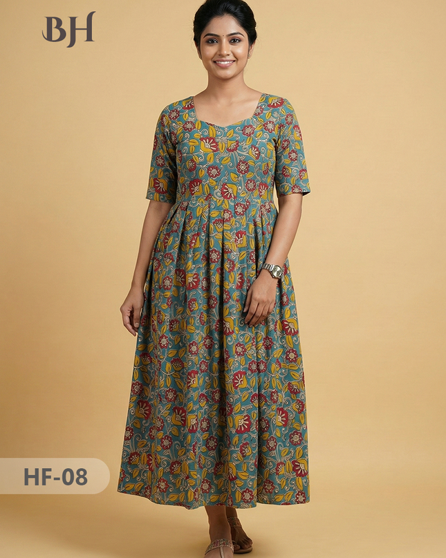 Kalamkari Design Frock – Blue Grey Colour | Handloom Ethnic Wear with Half Lining