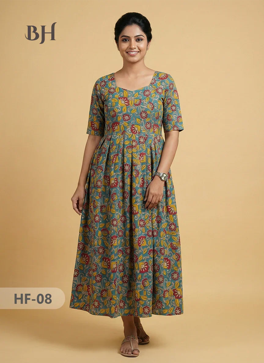 Kalamkari Design Frock – Blue Grey Colour | Handloom Ethnic Wear with Half Lining