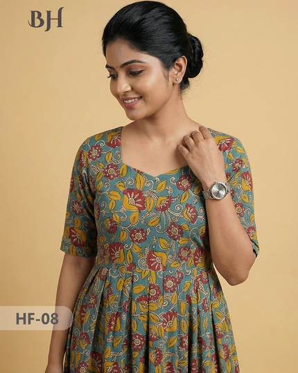 Kalamkari Design Frock – Blue Grey Colour | Handloom Ethnic Wear with Half Lining