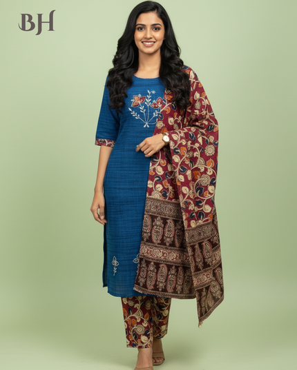 Kalamkari 3pc Set with Embroidery & Mirror Work Skyblue