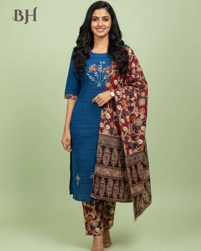 Kalamkari 3pc Set with Embroidery & Mirror Work Skyblue