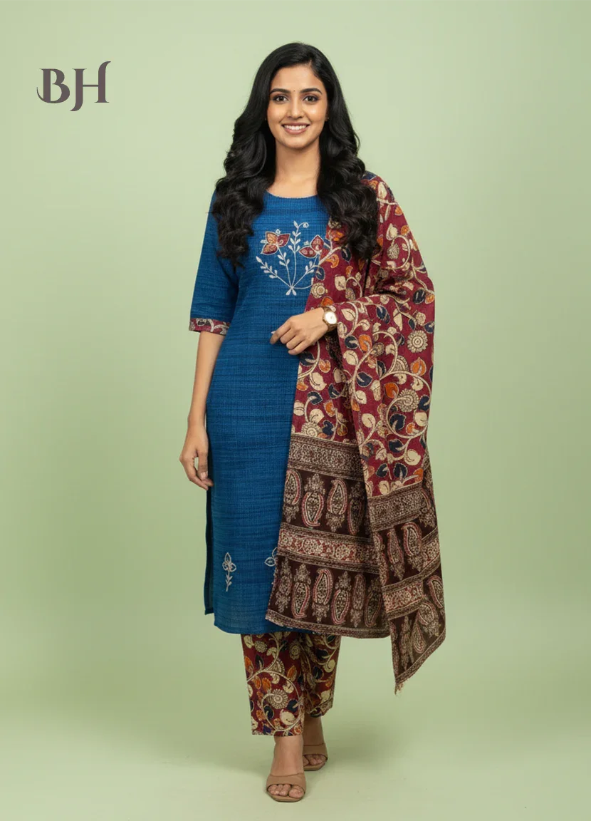 Kalamkari 3pc Set with Embroidery & Mirror Work Skyblue