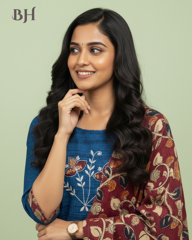 Kalamkari 3pc Set with Embroidery & Mirror Work Skyblue