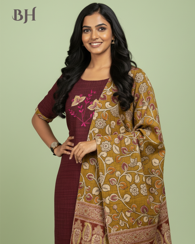 Kalamkari 3pc Set with Embroidery & Mirror Work Maroon & Black