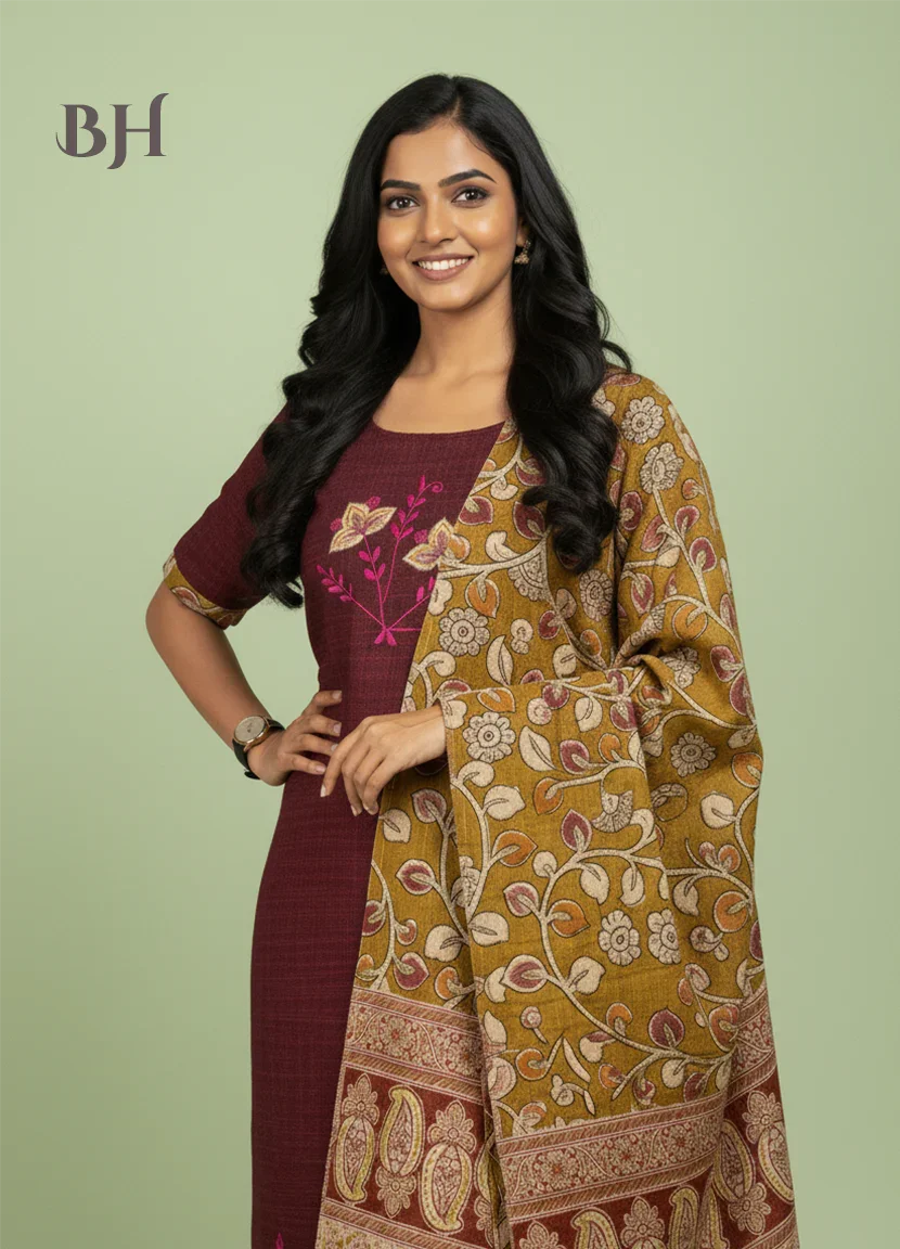 Kalamkari 3pc Set with Embroidery & Mirror Work Maroon & Black