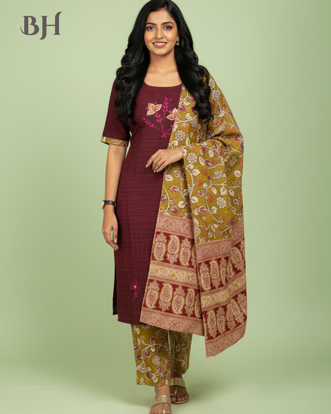 Kalamkari 3pc Set with Embroidery & Mirror Work Maroon & Black