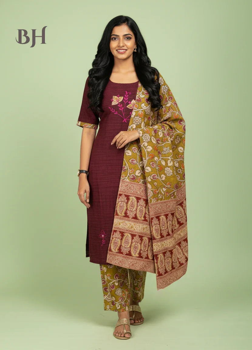 Kalamkari 3pc Set with Embroidery & Mirror Work Maroon & Black