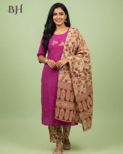 Kalamkari 3pc Set with Embroidery & Mirror Work Pink