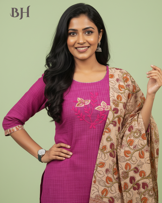 Kalamkari 3pc Set with Embroidery & Mirror Work Pink