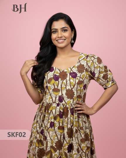 Feeding Frock with Kalamkari Design – Beige Color | Invisible Zips | Half Lining Maternity Wear