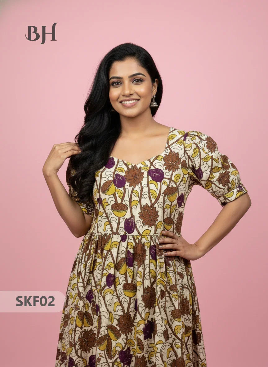 Feeding Frock with Kalamkari Design – Beige Color | Invisible Zips | Half Lining Maternity Wear
