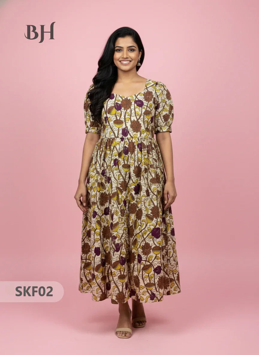 Feeding Frock with Kalamkari Design – Beige Color | Invisible Zips | Half Lining Maternity Wear